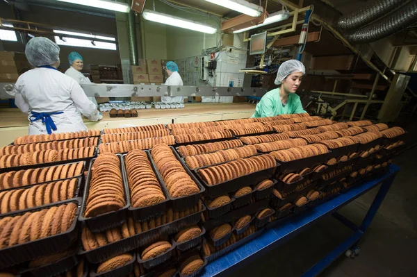 Muitos doces fábrica de alimentos bolo produção maciça — Fotografia de Stock