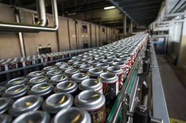 St. Petersburg, Rusya - 1 Mart 2016: Üretim hattı bira şirketi. Otomatik taşıyıcı bitki. Bira alüminyum kavanozlara dökülüp