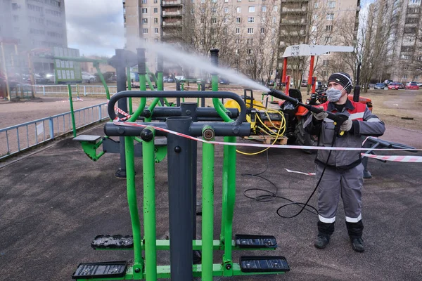Petersburg Russia April 2020 Communal Service Workers Spray Disinfectant Solution — Stock Photo, Image
