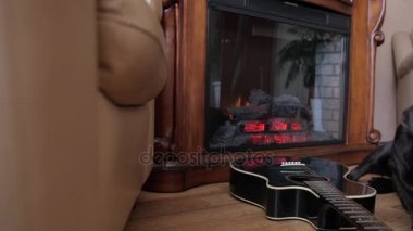 Labrador, bir gitar ve bir şömine.