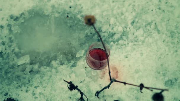 Στέκεται στο χιόνι κρασί ποτήρι με κόκκινο κρασί. — Αρχείο Βίντεο