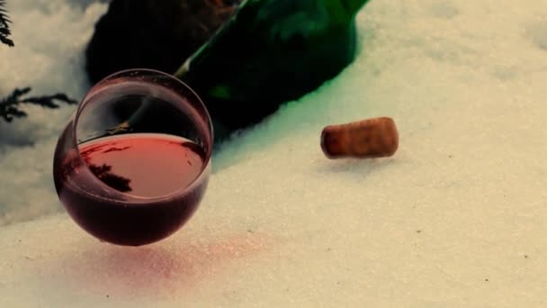 Una copa de vino tinto y una botella vacía . — Vídeo de stock