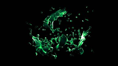 Siyah arka plan üzerine izole şeffaf yeşil su sıçrama. 3D 