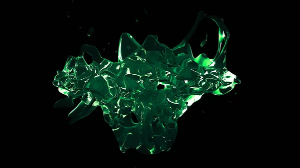 Spruzzo d'acqua verde trasparente isolato su fondo nero. 3d — Foto Stock