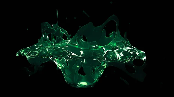 Spruzzo d'acqua verde trasparente isolato su fondo nero. 3d — Foto Stock