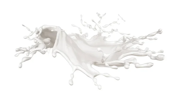 Λευκό απομονωμένες παφλασμό του γάλακτος σε μαύρο φόντο. 3D illustrati — Φωτογραφία Αρχείου