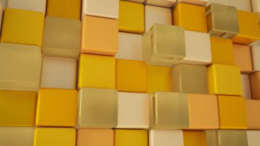 Sarı arka plan cam ve plastik, metal küpleri. 3D illust