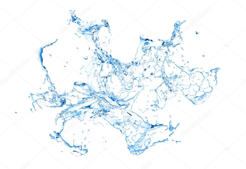 Isolated blue splash of water splashing on a white background. 3