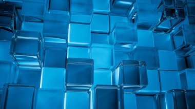Azure arka plan parlak plastik ve mavi gözlük küpleriyle, 
