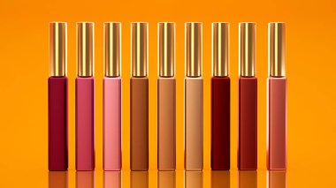 Sarı arka plan ile dudak parlatıcısı. Kozmetik, güzellik, moda, anne