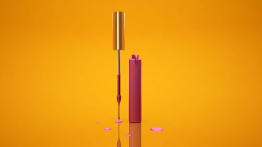 Dudak parlatıcısı ve makyaj uygulamak için bir fırça ile sarı arka plan