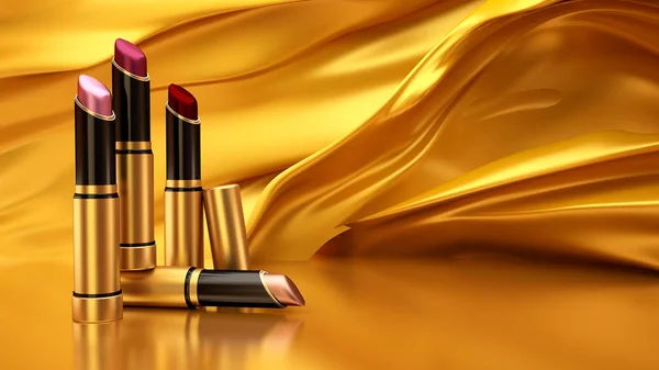 Lipstick on a background of flying gold cloth. The tube, bottle, — Stock Photo, Image