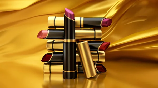 Lipstik pada latar belakang terbang sutra emas. Tabung, botol — Stok Foto