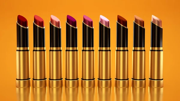 Vials of lipstick on a yellow background. The tube, bottle, styl — Stock Photo, Image
