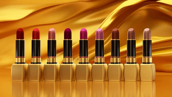 Lipstick on a background of golden silk flying. The tube, bottle — Stock Photo, Image