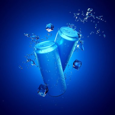 Mavi renkli alüminyum kutular bir içkiyle. İçki, içki, res