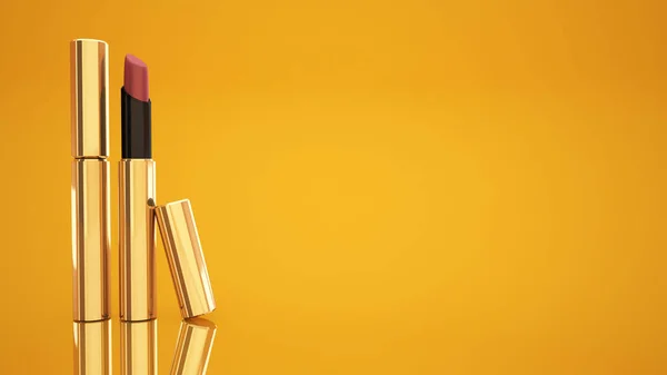 Lápiz labial sobre fondo amarillo. Botella, lápiz labial, accesorio, st — Foto de Stock