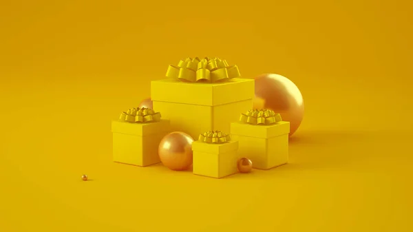 Fondo amarillo con regalo, ilustración 3D, representación 3D —  Fotos de Stock