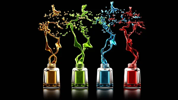 Siyah arka plan ile oje şişesi ve renkli sıçraması.