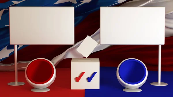 US election 2016: background with banners and armchairs. The can — Stock Photo, Image