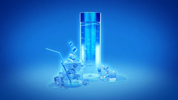 Beautiful blue background with a glass of water, ice and a bottl — Stock Photo, Image