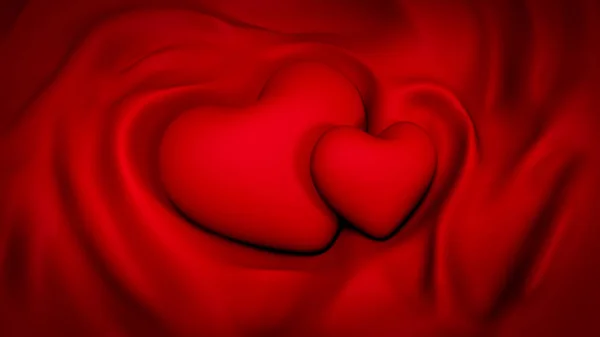Red background with folds of fabric and two hearts — Stock Photo, Image