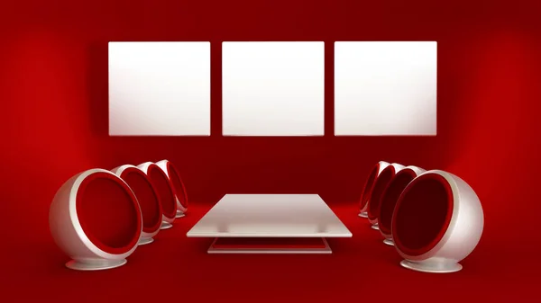 Rood interieur kantoor voor de ontmoeting met een tafel en wit bord — Stockfoto