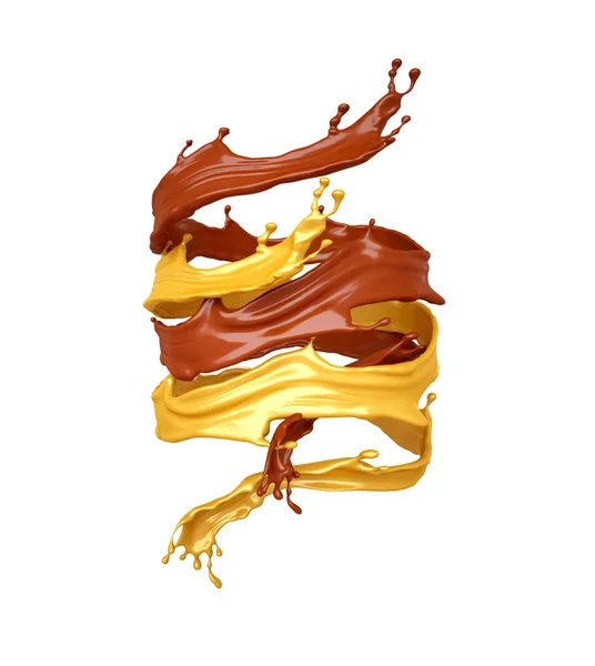 Spiraal splash van chocolade karamel geïsoleerd op witte achtergrond. — Stockfoto
