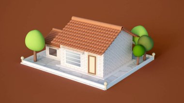 Ev, beyaz tuğlalardan ve ağaçlardan oluşan bir kulübe. 3d illüstrat