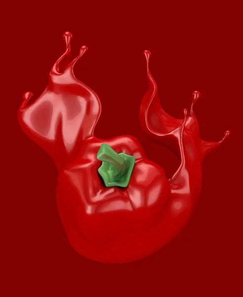 Piros háttér paprika és fröccsenő ketchup, szósz, gyümölcslé. 3d — Stock Fotó