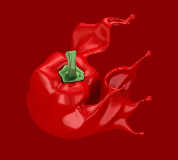 Red background with paprika and splash ketchup, sauce, juice. 3d