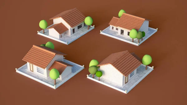 Дом, коттедж с черепицей из белого кирпича и деревьев. 3D-иллюстрация — стоковое фото
