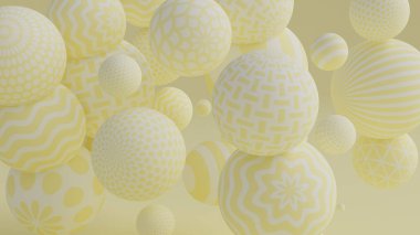 Toplarla sarı arka plan. 3d illüstrasyon, 3d canlandırma.