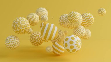 Toplarla sarı arka plan. 3d illüstrasyon, 3d canlandırma.