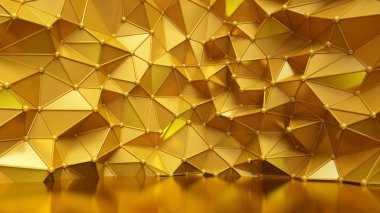 Üçgenleri ve kristalleri olan lüks altın bir arka plan. 3d illüstrasyon