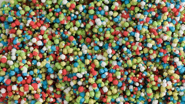 Sfondo geometrico multicolore delle particelle. Illustrazione 3d, 3d re — Foto Stock