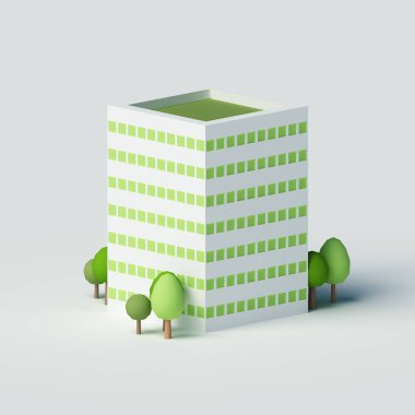 Yüksek katlı bir bina. 3d illüstrasyon, 3d canlandırma.