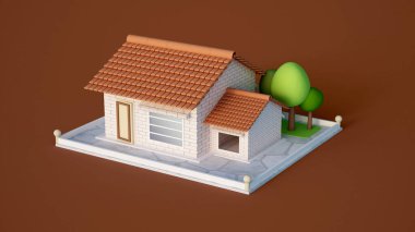 Ev, beyaz tuğlalardan ve ağaçlardan oluşan bir kulübe. 3d illüstrat