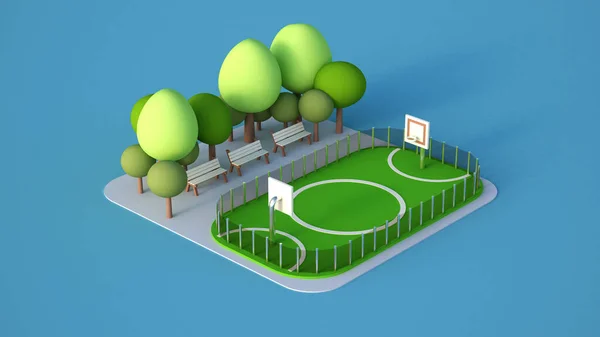 Un modelo de un campo deportivo con un campo de fútbol. ilustración 3d — Foto de Stock