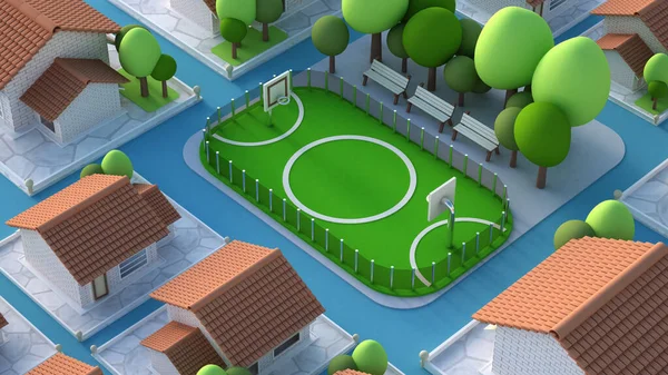 Un modelo de un campo deportivo con un campo de fútbol. Ilustración 3d, representación 3d . — Foto de Stock
