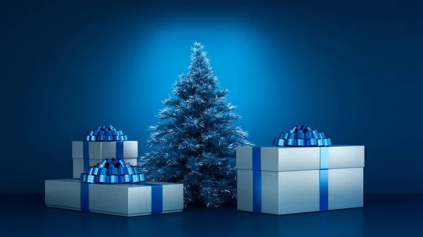 Noel ağacının altında Noel hediyeleri. 3d illüstrasyon, 3d canlandırma. — Stok fotoğraf