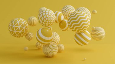 Toplarla sarı arka plan. 3d illüstrasyon, 3d canlandırma.