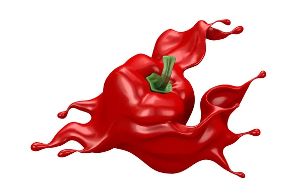 Fondo rojo con pimentón aislado y salpicadura de ketchup, salsa, jugo. Ilustración 3d, representación 3d . — Foto de Stock