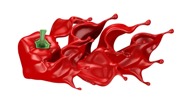 Fundo vermelho com páprica isolada e salpicos de ketchup, molho, suco. Ilustração 3d, renderização 3d . — Fotografia de Stock