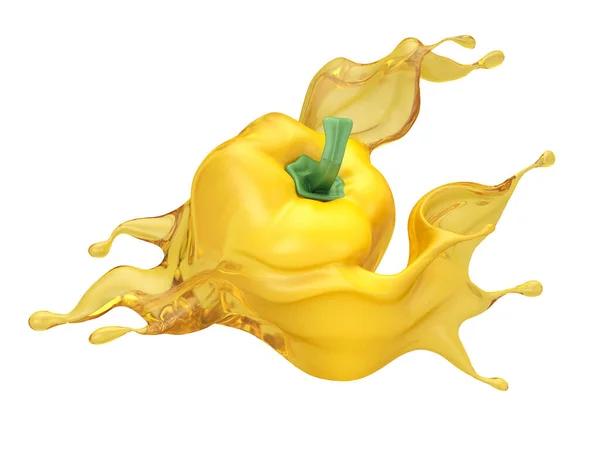 Fundo amarelo com páprica isolada e salpicos de ketchup, molho, suco. Ilustração 3d, renderização 3d . — Fotografia de Stock