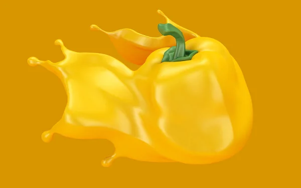 Fundo amarelo com páprica e ketchup respingo, molho, suco. Ilustração 3d, renderização 3d . — Fotografia de Stock