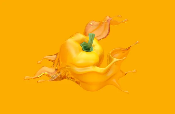 Fundo amarelo com páprica e ketchup respingo, molho, suco. Ilustração 3d, renderização 3d . — Fotografia de Stock