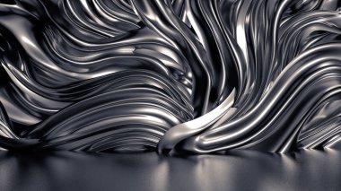 Pliseli, kumaşlı ve kıvrımlı lükslü gri bir arka plan. 3d illüstrasyon, 3d canlandırma.