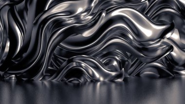 Pliseli, kumaşlı ve kıvrımlı lükslü gri bir arka plan. 3d illüstrasyon, 3d canlandırma.