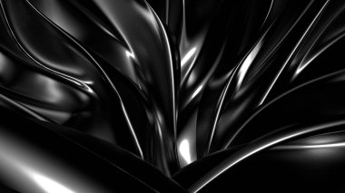 Pliseli, kumaşlı, kıvrımlı, şık siyah bir arka plan. 3d illüstrasyon, 3d canlandırma.